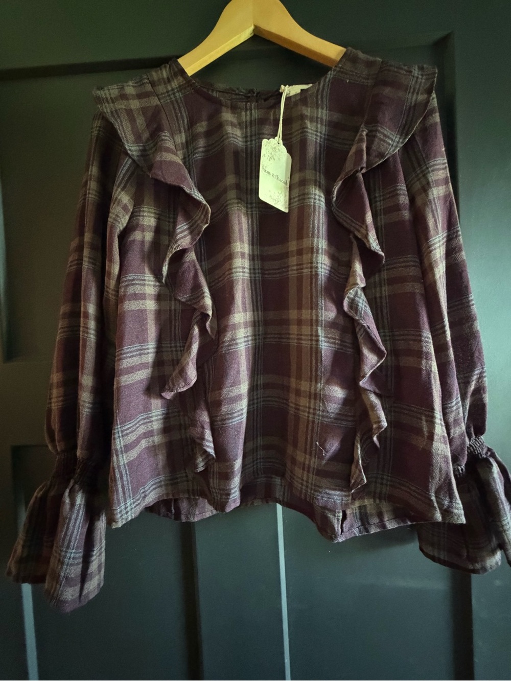 Hem & Thread Plaid Ruffle Long-Sleeve Top in Deep Plum and Taupe